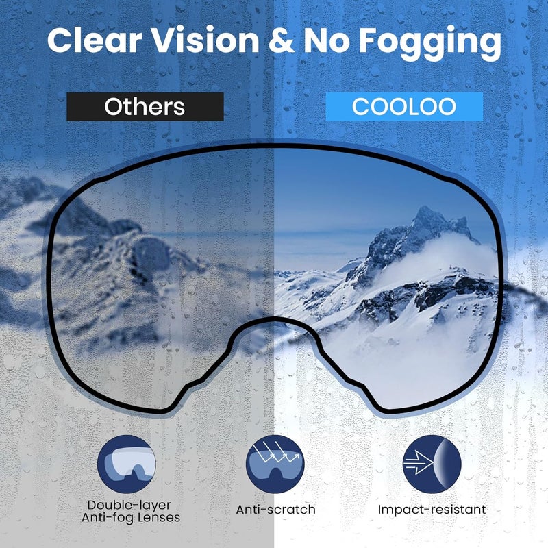 COOLOO Ski Goggles, OTG Snow Goggles for Adult Men Women Youth, Snowboard Goggles Over Glasses, Anti-fog, UV Protection - Image 2